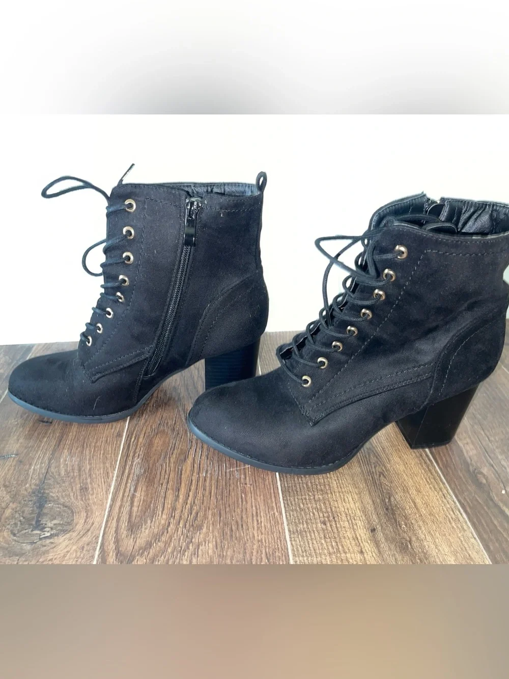 Journee Collection Black Lace-Up Suede Block Heel Ankle Booties